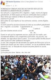 Post Facebook « FN Hautes-Pyrénées » : « Scandaleux camouflage des autorités sur les 250 migrants-clandestins de Lourdes ! »