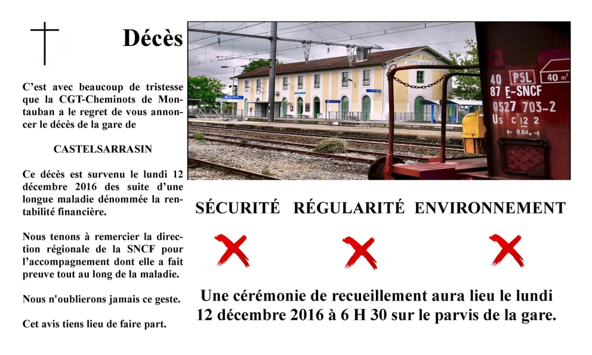 Avis de la CGT-Cheminots de Montauban annonçant « le décès de la gare de Castelsarrasin », avec une photographie de la gare.
