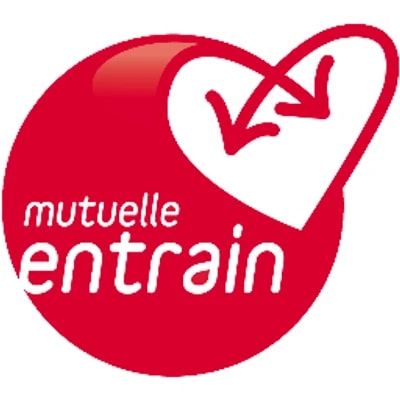Logo de la « Mutuelle Entrain » : un disque rouge portant le nom en blanc, surmonté d'un cœur blanc traversé de flèches.