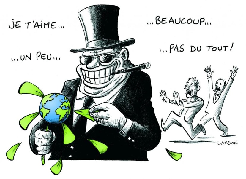 Dessin de Lardon : un homme en haut-de-forme effeuille une fleur-Terre, « Je t'aime… un peu… beaucoup… pas du tout ! »