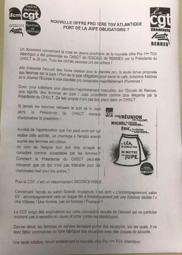 Tract de la CGT-Cheminots de Rennes titré « Nouvelle offre Pro 1ère TGV Atlantique : port de la jupe obligatoire ? ».