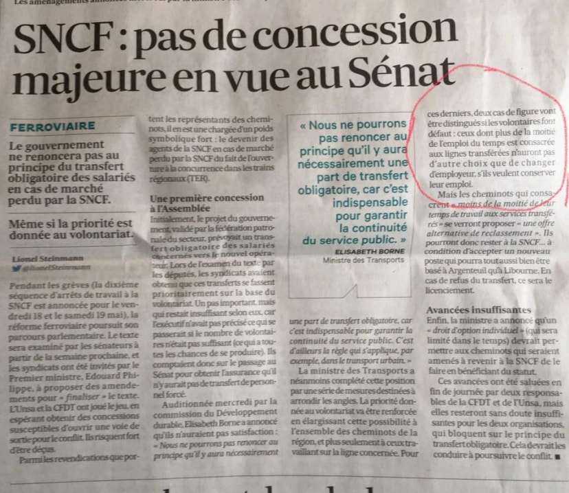 Coupure de presse « SNCF : pas de concession majeure en vue au Sénat », citation d'Élisabeth Borne, passage entouré en rouge