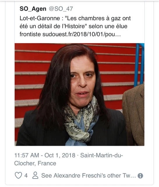 Message de @SO_47 : « Les chambres à gaz ont été un détail de l'Histoire » selon une élue frontiste, une femme au foulard