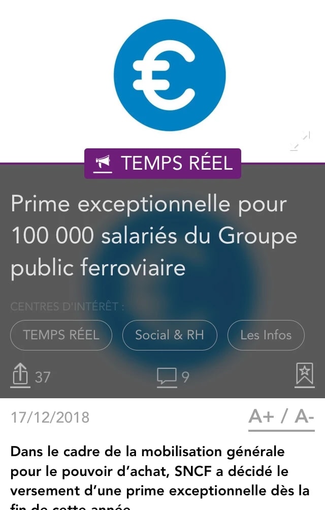 Actualité « Temps réel » : « Prime exceptionnelle pour 100 000 salariés du Groupe public ferroviaire », 17/12/2018