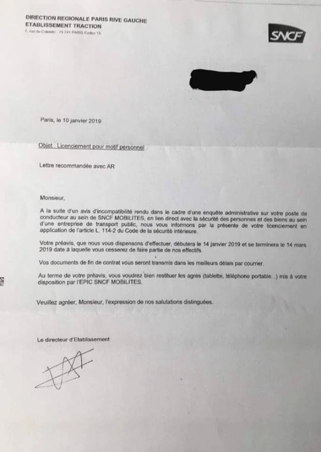 Lettre de la SNCF du 10 janvier 2019, objet « Licenciement pour motif personnel », destinataire masqué.