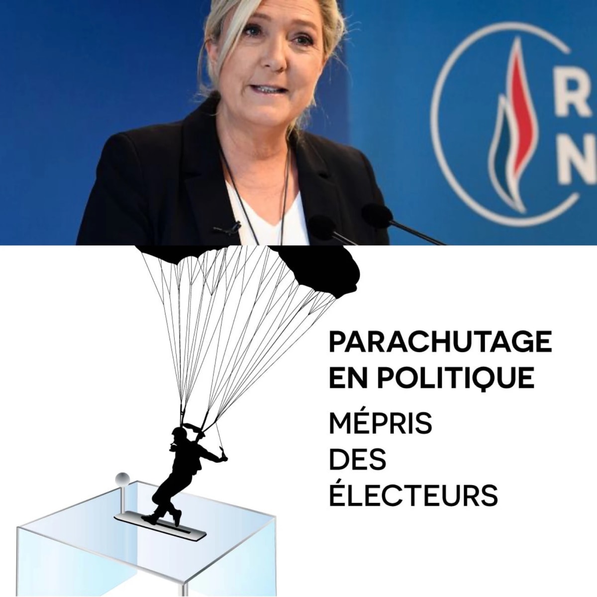 Montage : une femme au micro devant un logo à flamme, et un parachutiste posé sur une urne, « Parachutage en politique ».
