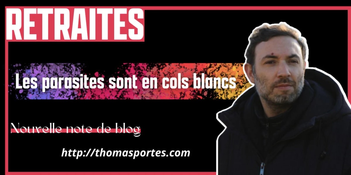 Bandeau d’annonce d’une note de blog sur les retraites, avec son portrait et l’adresse du site.