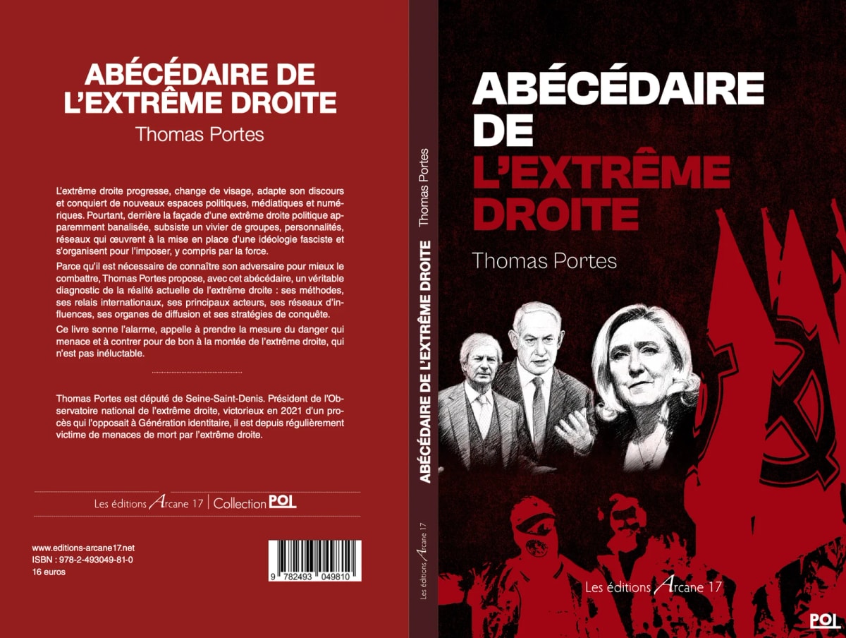 Couverture du livre « Abécédaire de l’extrême droite » de Thomas Portes (Arcane 17) : trois portraits sur fond rouge et noir.